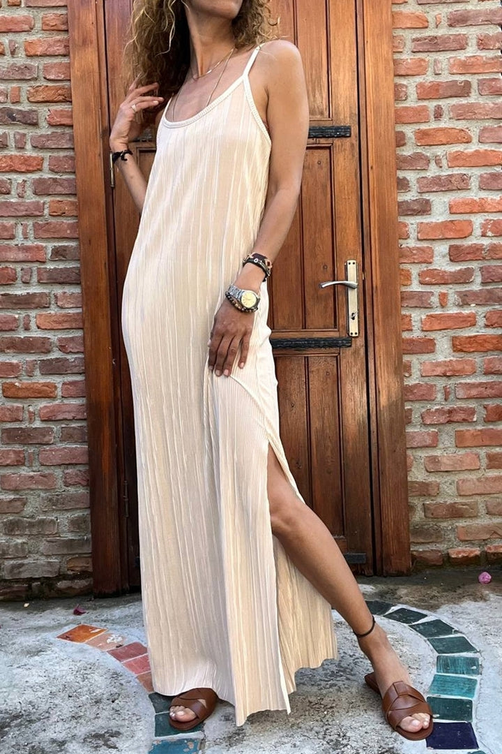 GNS Woman Beige Strappy Side Slit Pleated Long Dress BST700-3609 - Pessac