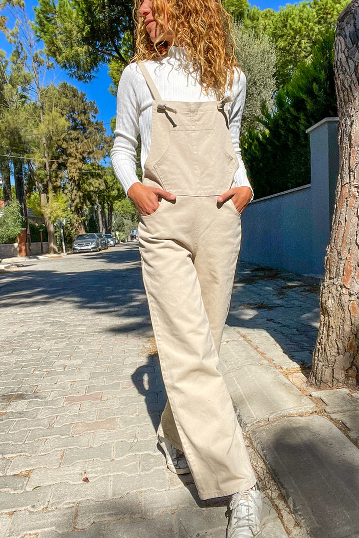 GNS Woman Beige Pocketed Elastic Waist Wide Leg Cargo Overall Jumpsuit Cm250 - Weslaco