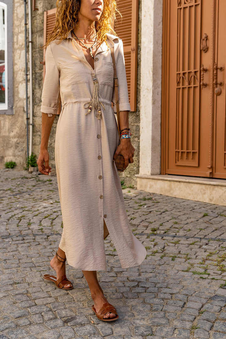 GNS Woman Beige Linen Waist Gathered Straw Belted Shirt Dress BST2837 - Saint-Jean-sur-Richelieu