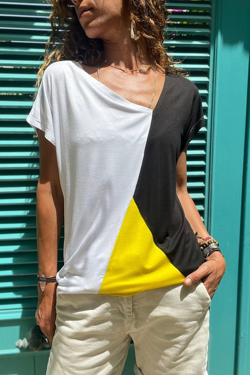 GNS Woman White Color Block Loose T-Shirt GK-JR402 - Friendswood