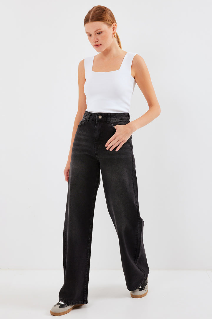 BGD Women Women's Wide Leg High Waist Palazzo Denim Pants 6656 - Black - Avondale