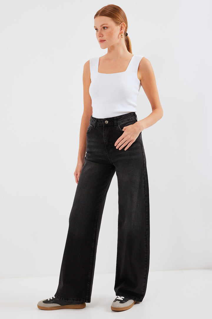 BGD Women Women's Wide Leg High Waist Palazzo Denim Pants 6656 - Black - Avondale