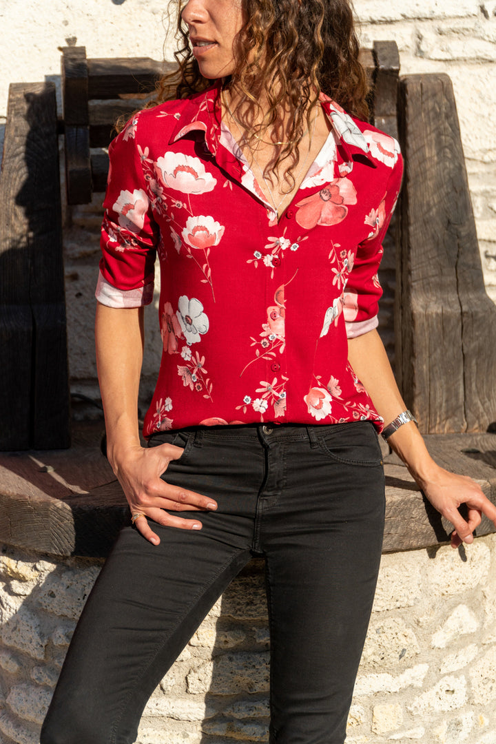 GNS Woman Red Flower Patterned Shirt GK-BST2711 - Florence