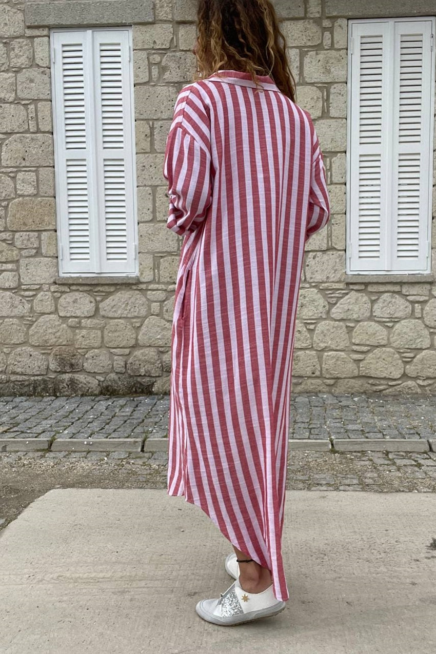 GNS Woman Bordeaux Striped Pocketed Long Loose Dress Bst3388 - Hillsboro