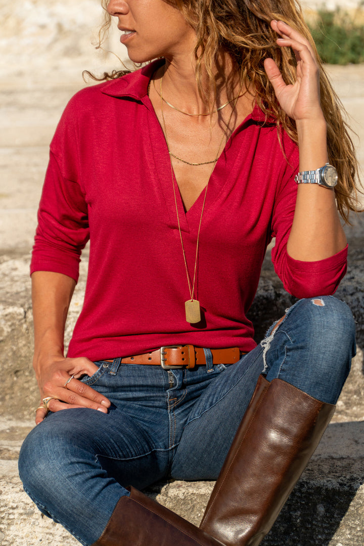 GNS Woman Red Polo Neck Blouse Gk-BSTM2749 - Santa María Atzompa