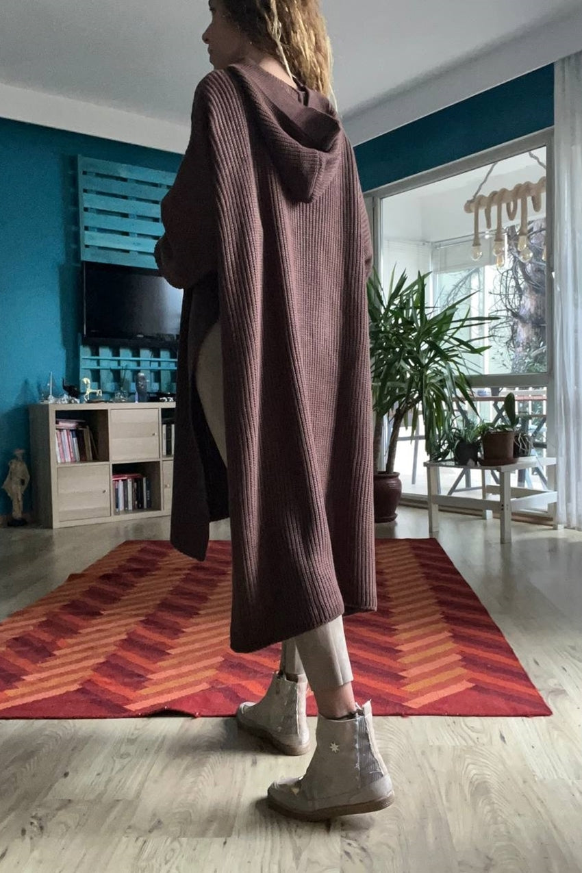 GNS Woman Coffee Side Slit Hooded Long Loose Tunic Sweater Cck95001 - Central Islip