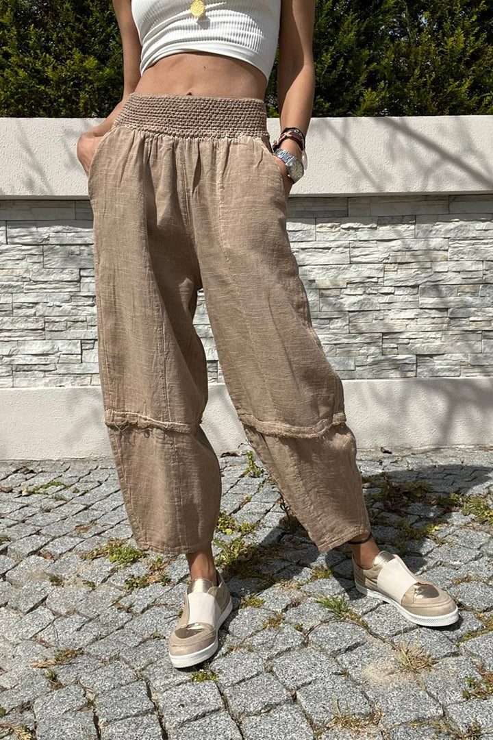 GNS Woman Bronze Waist Elastic Linen-Look Washed Pocketed Baggy Trousers RSD1230 - Ilford