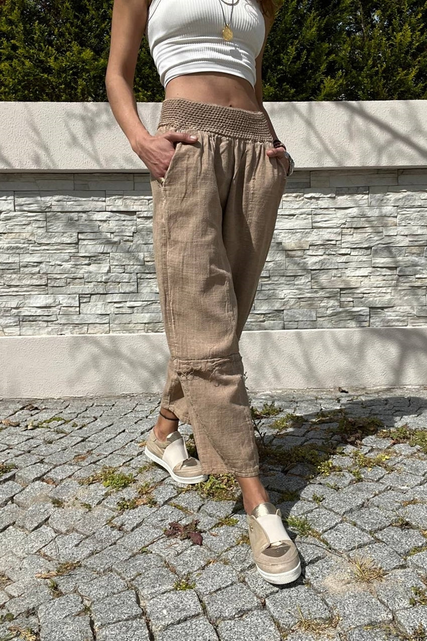 GNS Woman Bronze Waist Elastic Linen-Look Washed Pocketed Baggy Trousers RSD1230 - Ilford