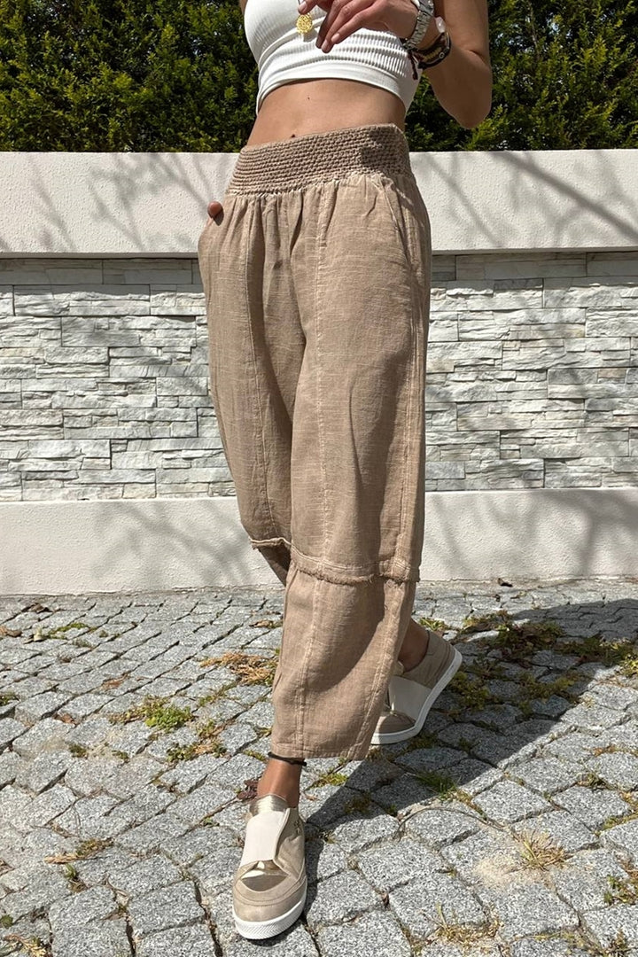 GNS Woman Bronze Waist Elastic Linen-Look Washed Pocketed Baggy Trousers RSD1230 - Ilford