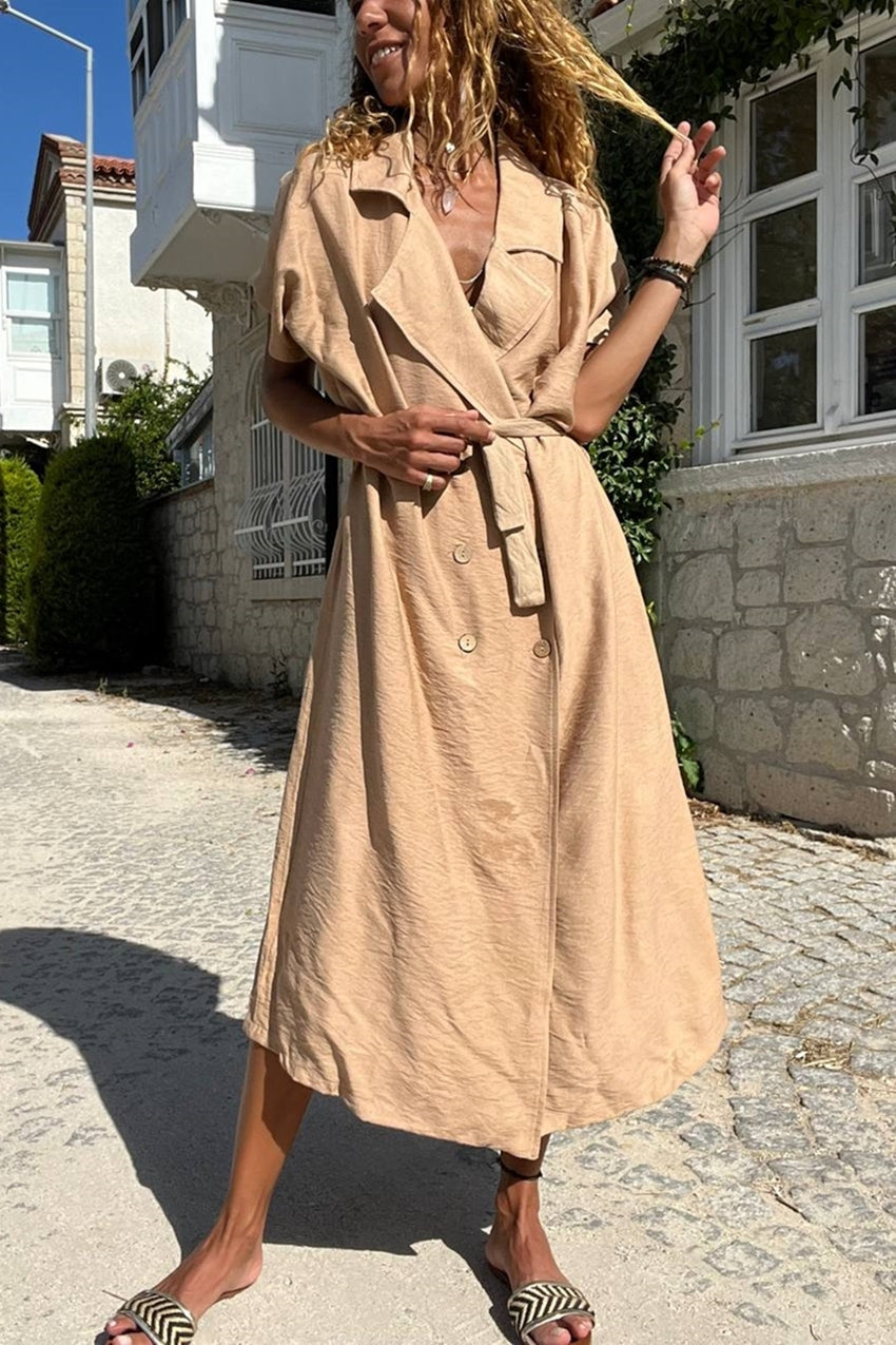 GNS Woman Camel Linen Jacket Collar Belted Loose Dress Bst3162 - Balingen