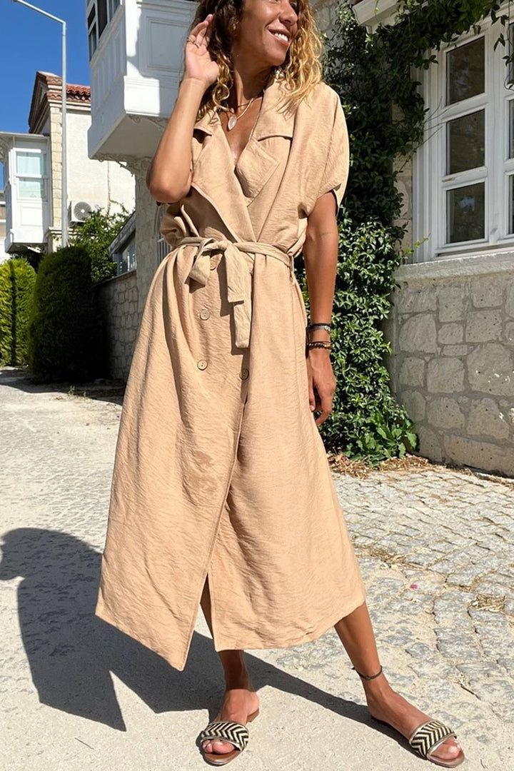 GNS Woman Camel Linen Jacket Collar Belted Loose Dress Bst3162 - Balingen