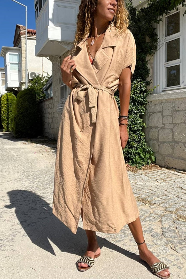 GNS Woman Camel Linen Jacket Collar Belted Loose Dress Bst3162 - Balingen