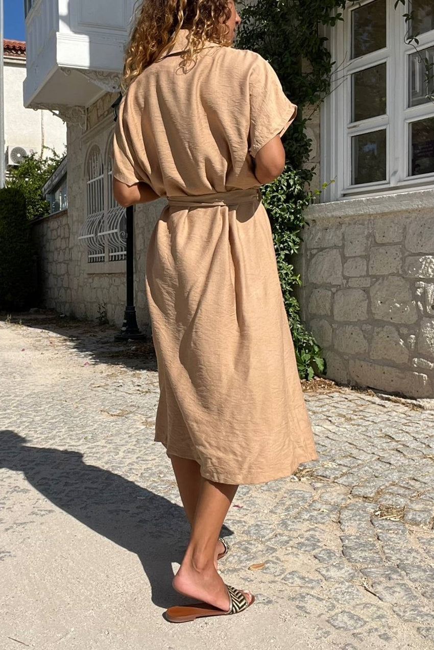 GNS Woman Camel Linen Jacket Collar Belted Loose Dress Bst3162 - Balingen