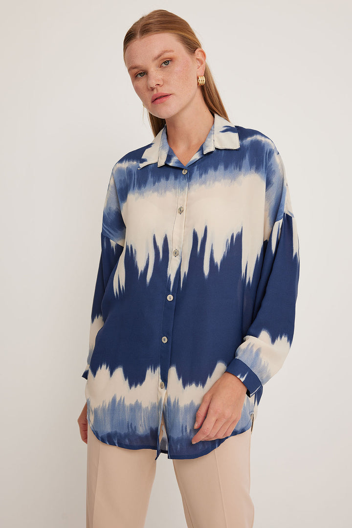 BGD Women Woman Navy Cream Patterned Oversized Shirt 5923 - Avondale