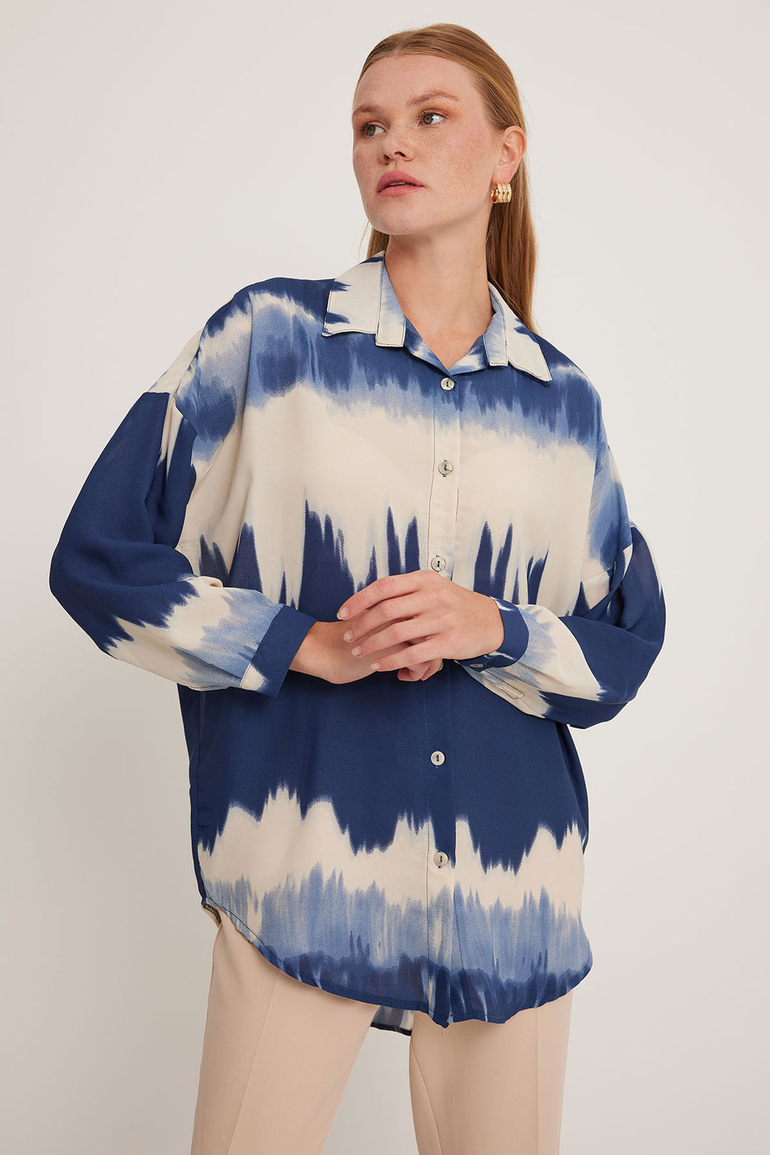 BGD Women Woman Navy Cream Patterned Oversized Shirt 5923 - Avondale