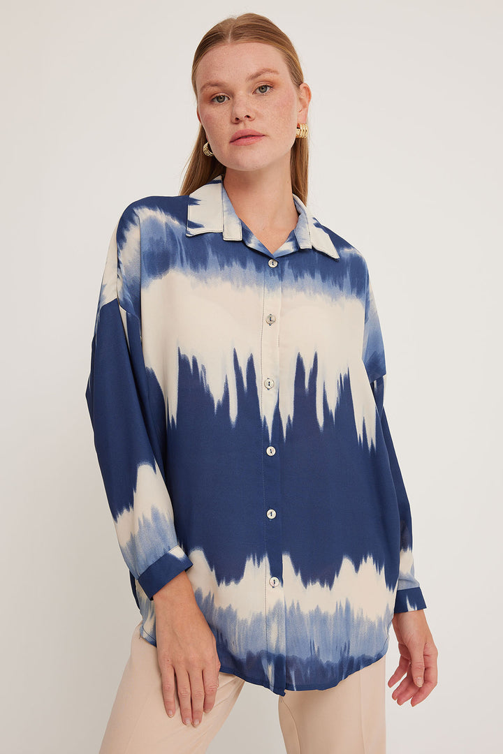 BGD Women Woman Navy Cream Patterned Oversized Shirt 5923 - Avondale