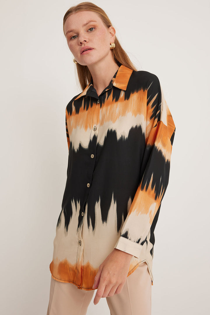 BGD Women Woman Orange Black Patterned Oversized Shirt 5923 - Avondale