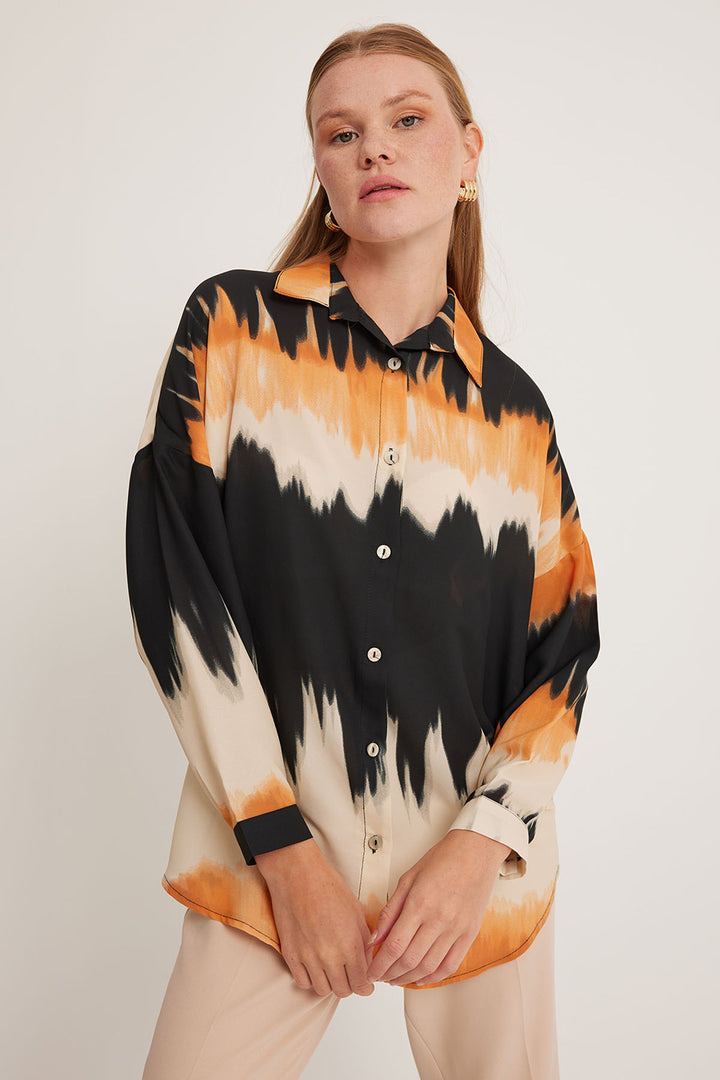 BGD Women Woman Orange Black Patterned Oversized Shirt 5923 - Avondale