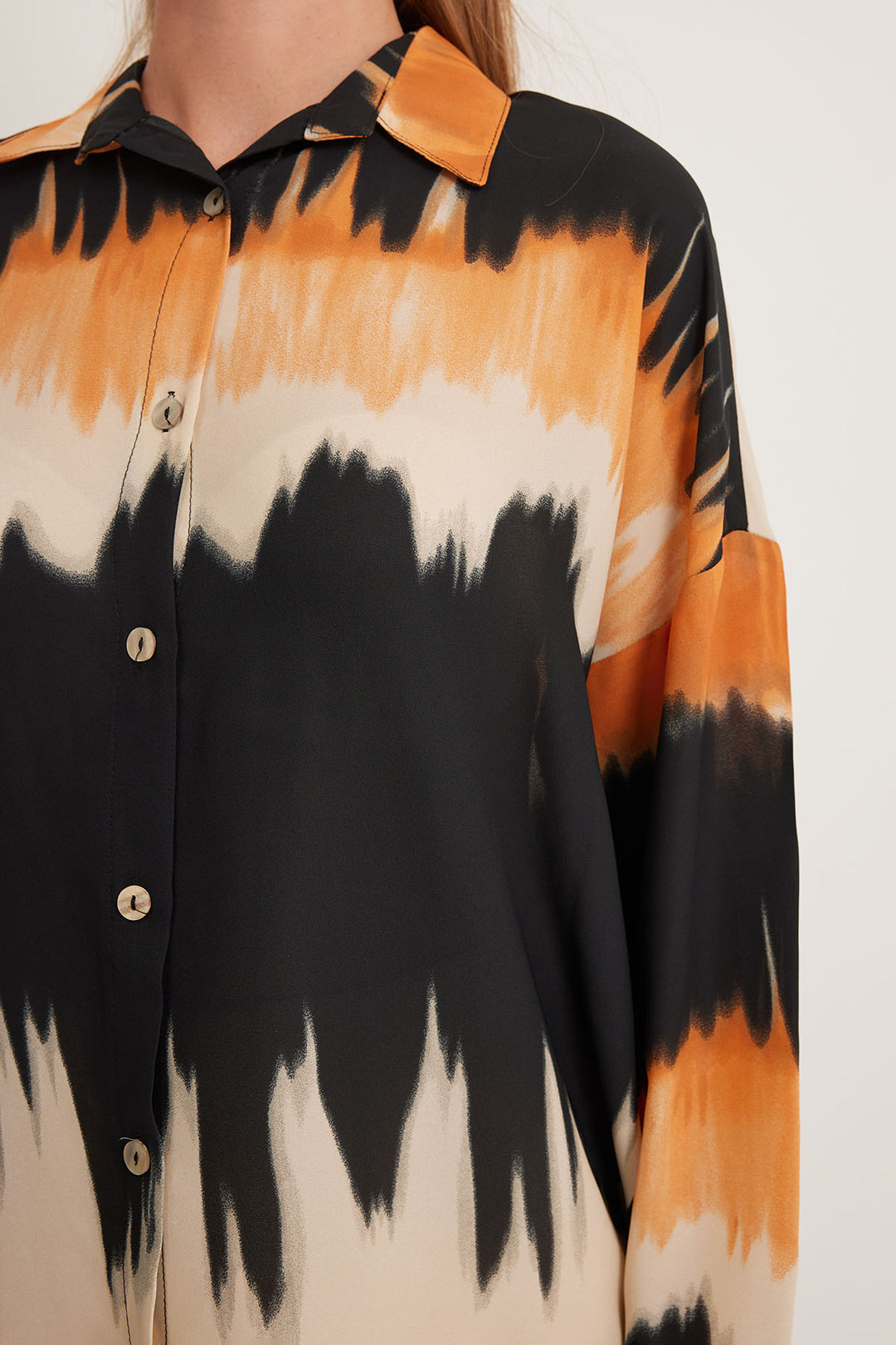 BGD Women Woman Orange Black Patterned Oversized Shirt 5923 - Avondale