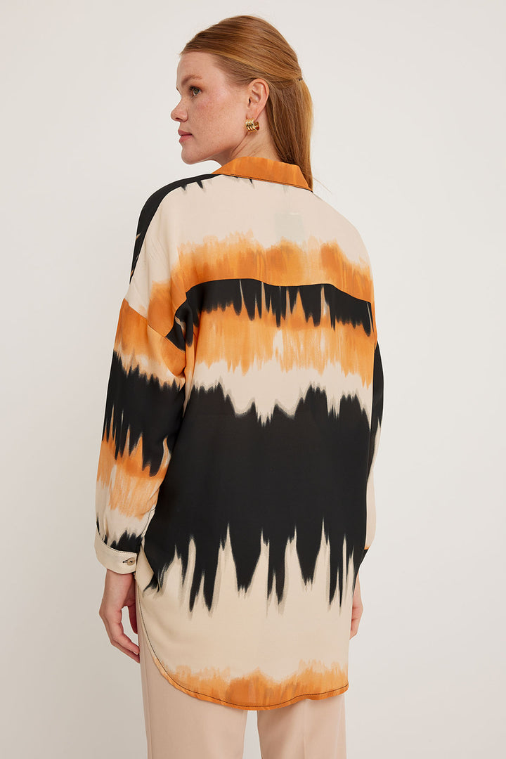 BGD Women Woman Orange Black Patterned Oversized Shirt 5923 - Avondale