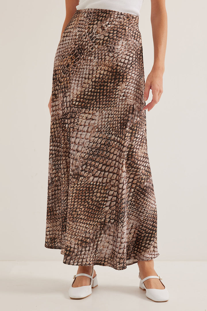 BGD Women Woman Coffee Beige Patterned Satin Skirt 15877 - Avondale