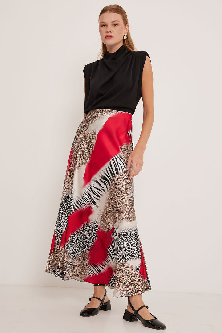 BGD Women Woman Red Black Patterned Satin Skirt 15877 - Avondale