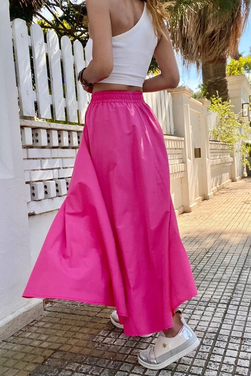 GNS Women's Fuchsia Elastic Waist Pocketed Poplin Kilos Long Skirt BST-3623Fuchsia - Hermosillo