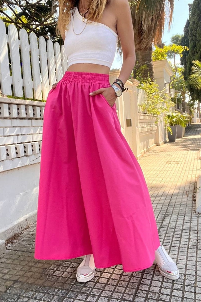 GNS Women's Fuchsia Elastic Waist Pocketed Poplin Kilos Long Skirt BST-3623Fuchsia - Hermosillo