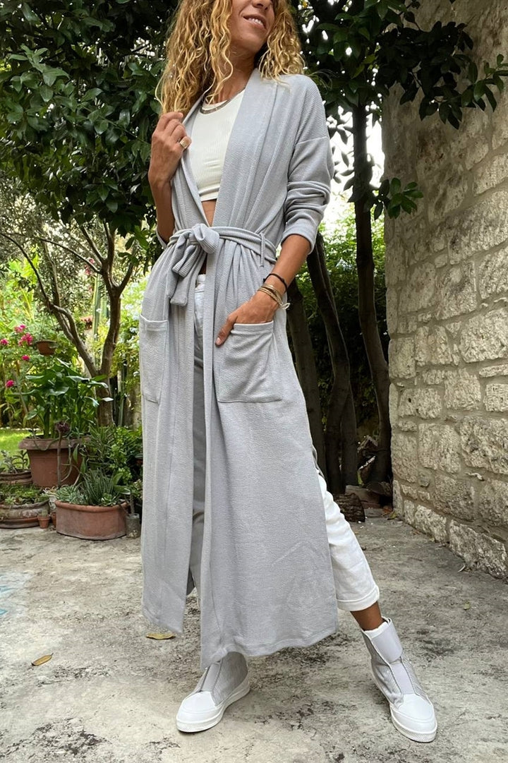 GNS Woman Gray Self-patterned Double Slit Belted Pocketed Long Loose Cardigan Bst3451 - Liège