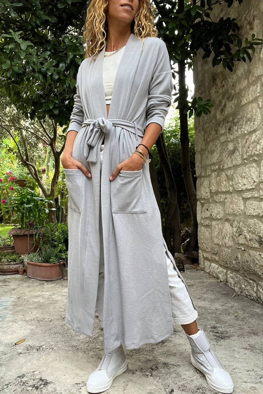 GNS Woman Gray Self-patterned Double Slit Belted Pocketed Long Loose Cardigan Bst3451 - Liège