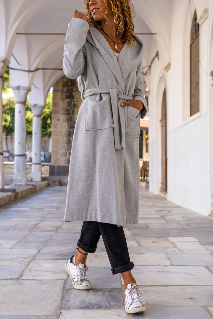 GNS Woman Gray Hooded Loose Fit Coat with Belt Bst3269 - Abbotsford