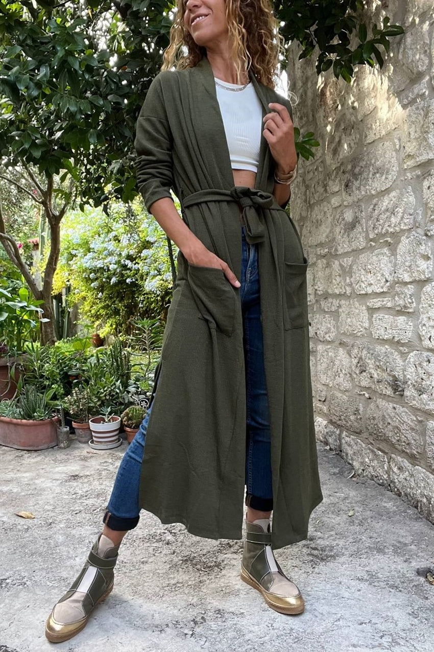 GNS Woman Khaki Self-Patterned Double-Slit Belted Pocketed Long Loose Cardigan Bst3451 - Bergkamen