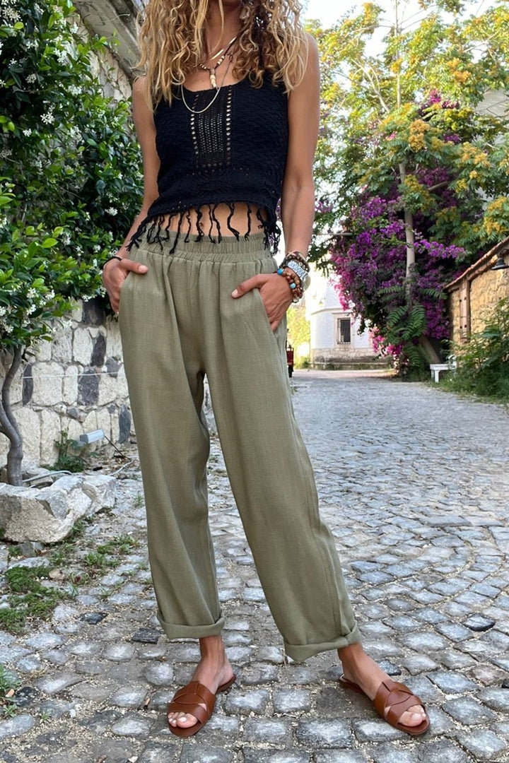 GNS Women's Khaki Special Patterned Elastic Waist Loose Fit Pants BST3638 - Las Vegas