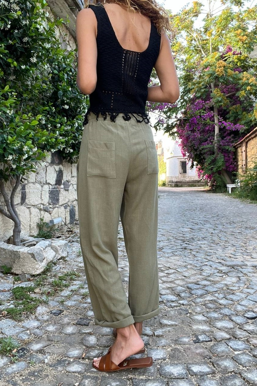 GNS Women's Khaki Special Patterned Elastic Waist Loose Fit Pants BST3638 - Las Vegas