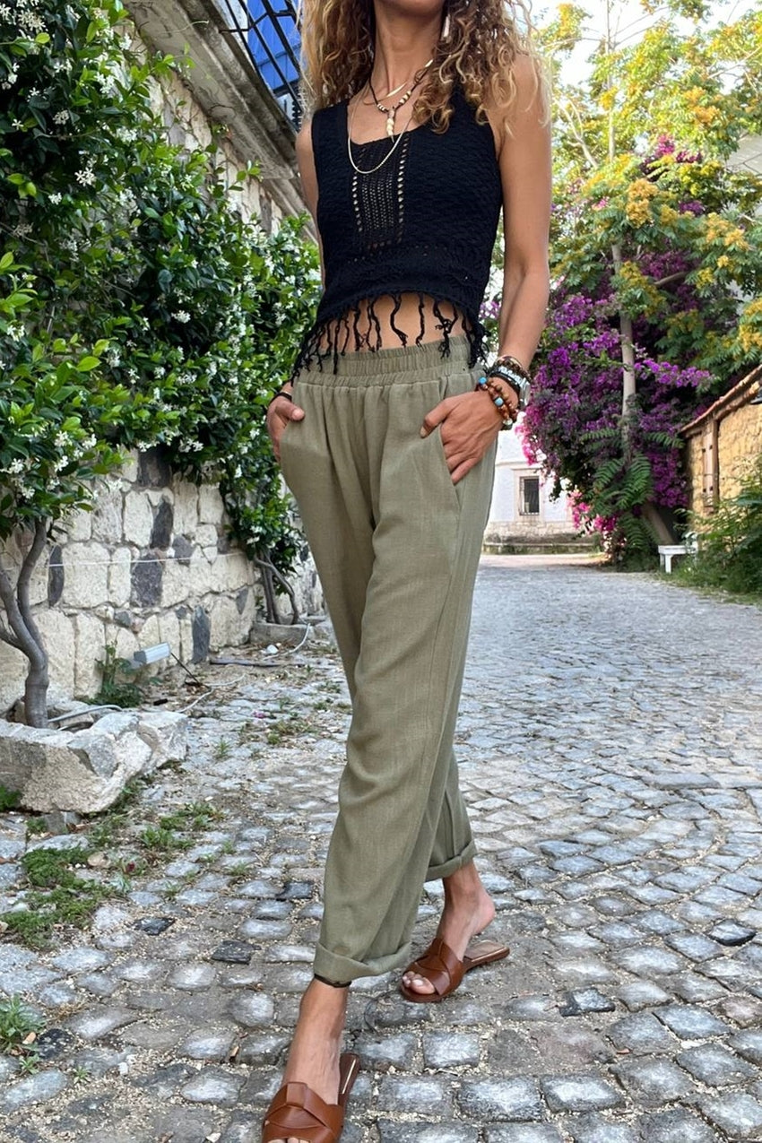 GNS Women's Khaki Special Patterned Elastic Waist Loose Fit Pants BST3638 - Las Vegas