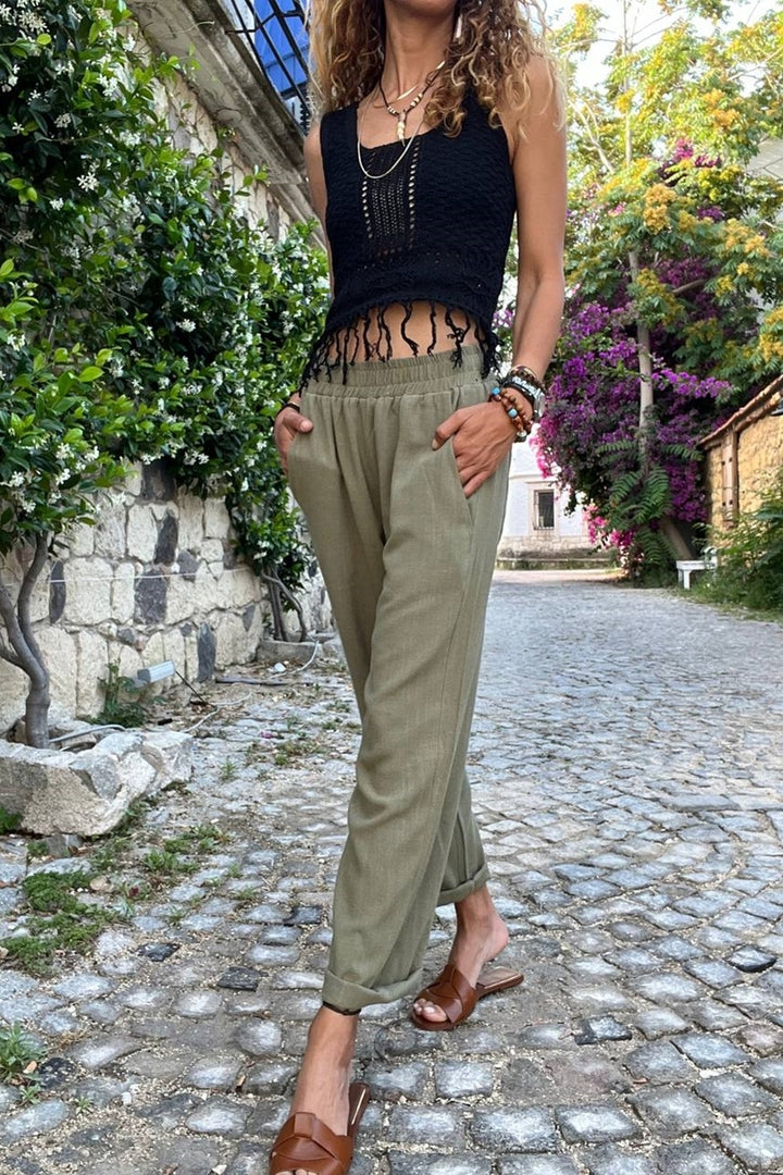 GNS Women's Khaki Special Patterned Elastic Waist Loose Fit Pants BST3638 - Las Vegas