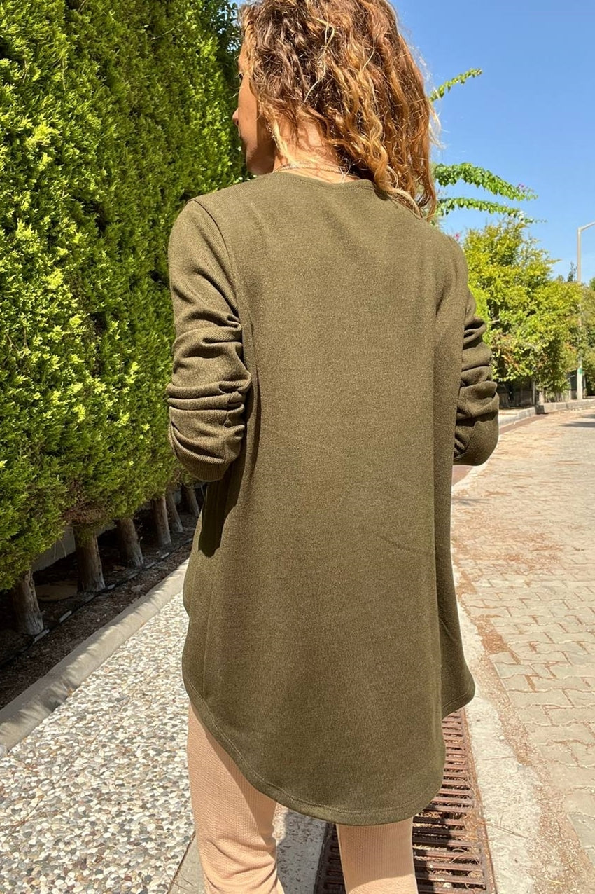 GNS Woman Khaki Shawl Collar Asymmetric Cut Buttoned Loose Cardigan Bst3328 - Manukau City