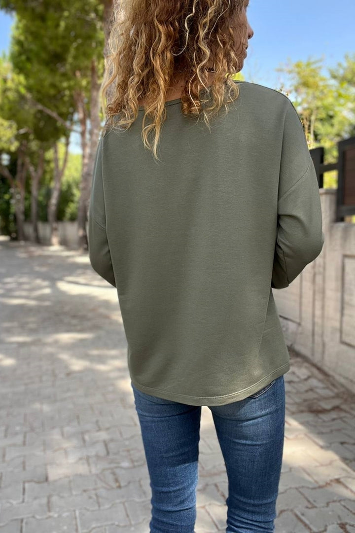 GNS Women's Khaki V-Neck Slit Double Sleeve Baggy Sweatshirt Bst3470 - Yuba City