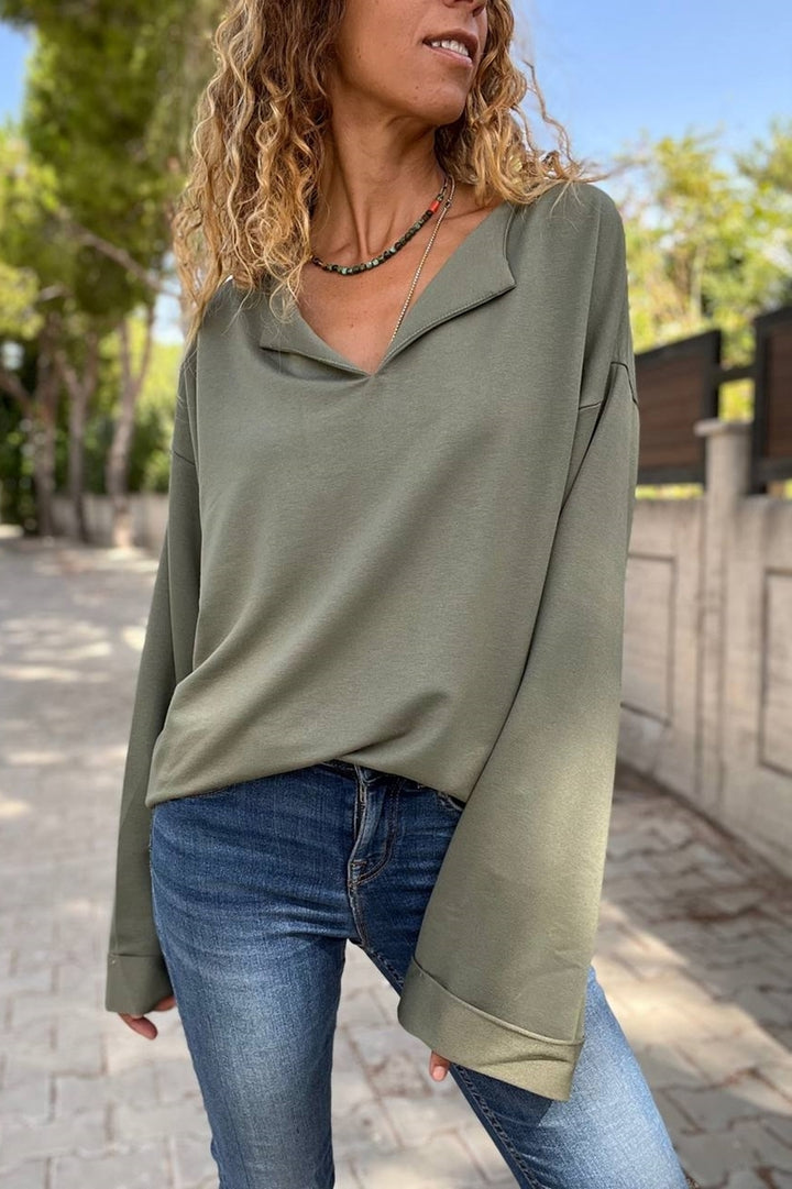 GNS Women's Khaki V-Neck Slit Double Sleeve Baggy Sweatshirt Bst3470 - Yuba City