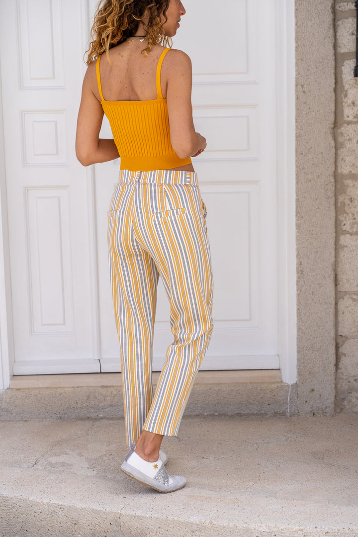 GNS Woman Mustard Linen Pocketed Buttoned Skinny Carrot Pants BST3394 - Buena Park