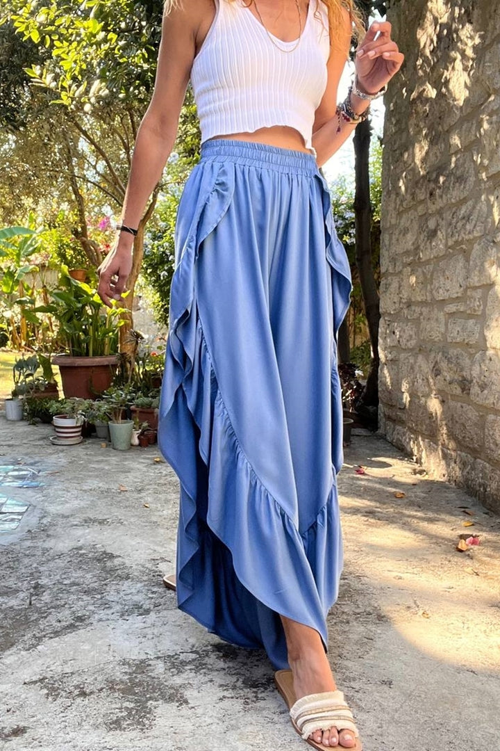 GNS Woman Indigo Side Ruffled Slit Elastic Waist Loose Fit Baggy Trousers BST-3635 Indigo - Canicattì