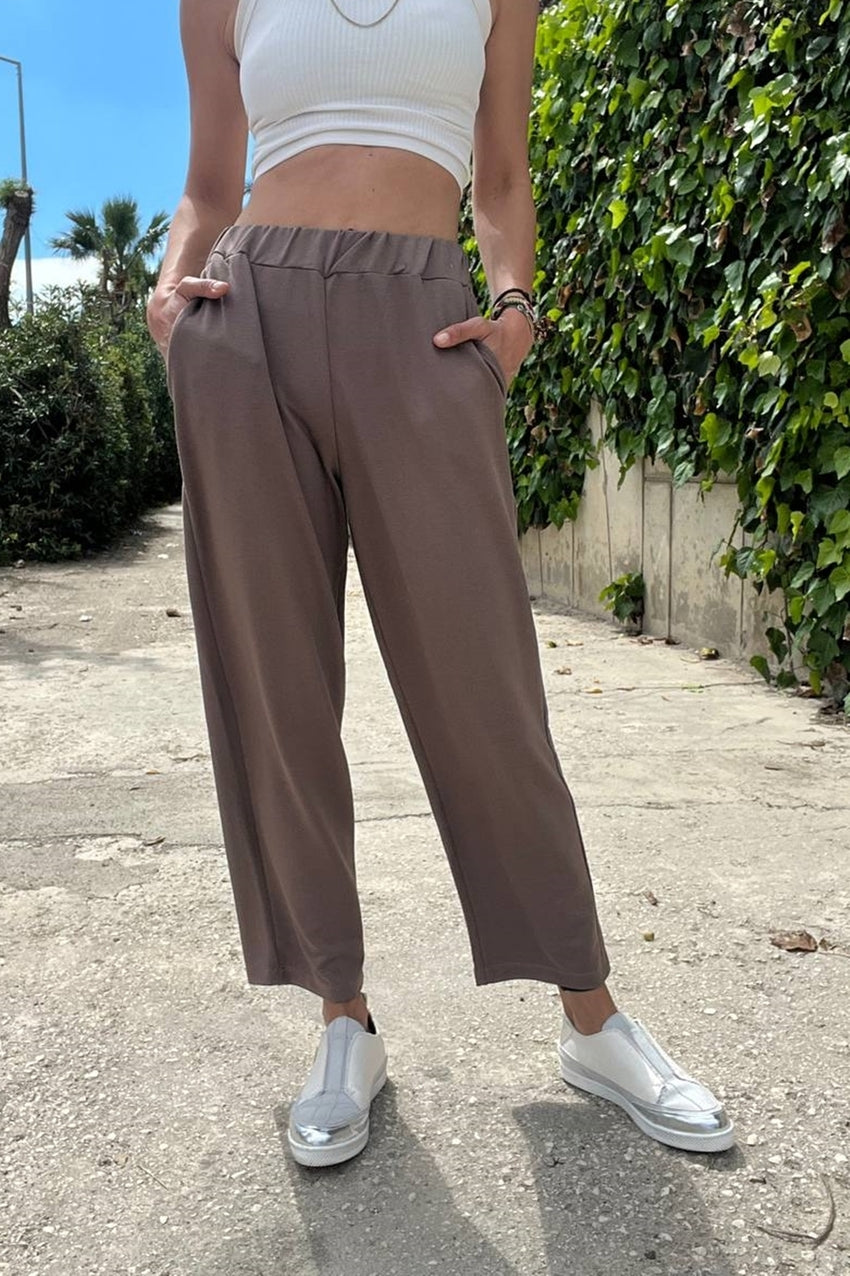 GNS Woman Brown High Waist Elasticated Double Pocket Comfortable Fit Trousers BST700-3526 - Wels