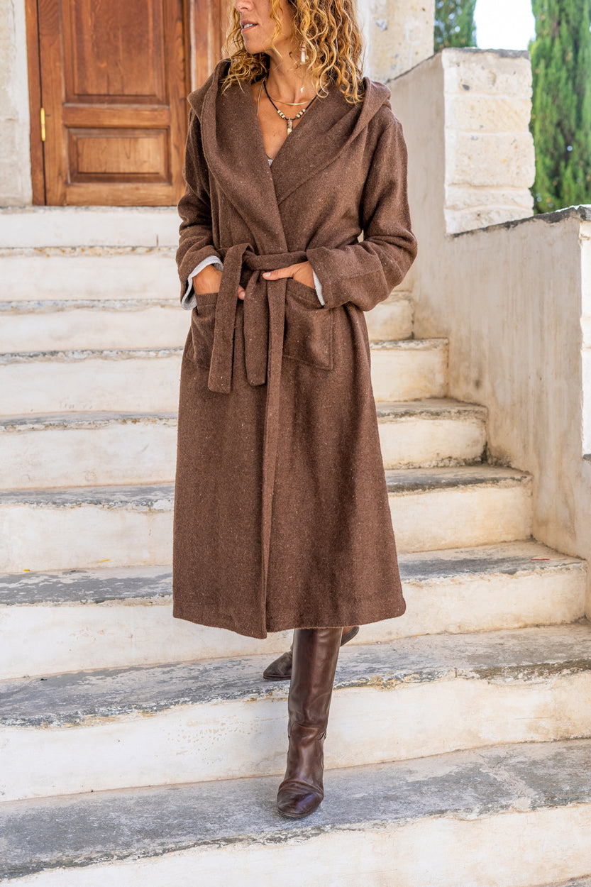 GNS Woman Brown Self-Belted Hooded Loose Fit Coat Bst3269 - Ferizaj