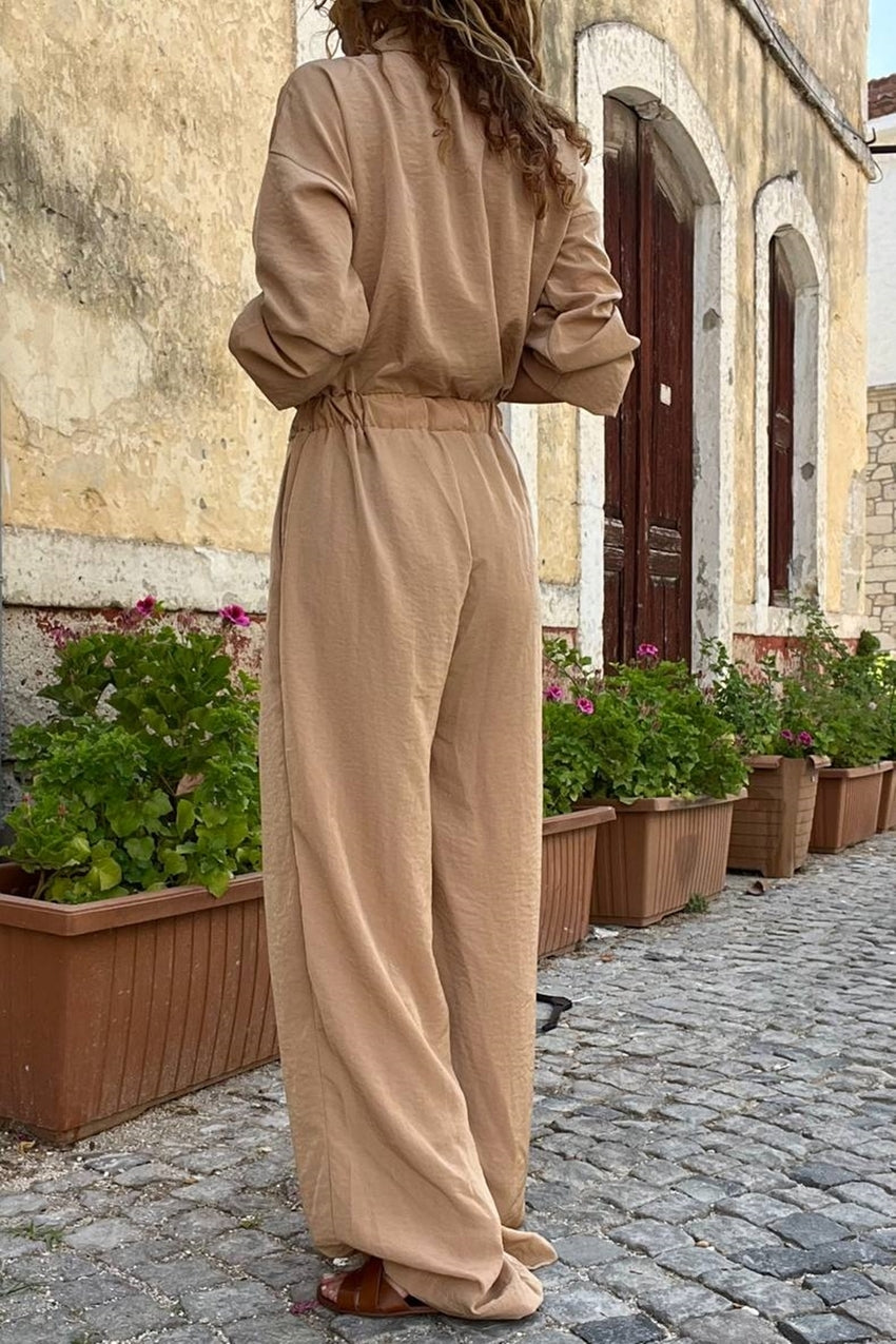 GNS Woman Caramel Half-Buttoned Elastic Waist Wide Leg Pocketed Loose Jumpsuit Bst3360 - Paisley