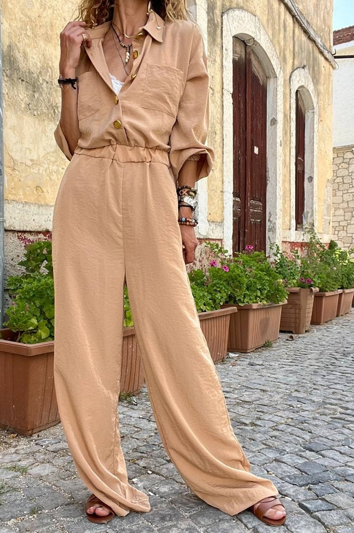 GNS Woman Caramel Half-Buttoned Elastic Waist Wide Leg Pocketed Loose Jumpsuit Bst3360 - Paisley