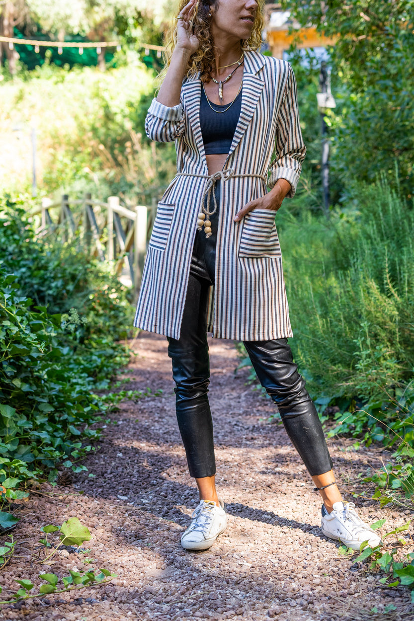 GNS Woman Tile Straw Belted Pocket Asymmetric Striped Long Boyfriend Jacket Bst3272 - Bellevue