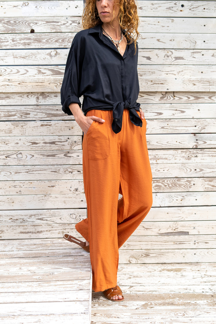 GNS Woman Tile Linen Elastic Waist Loose Pants Bst2933 - New Bedford