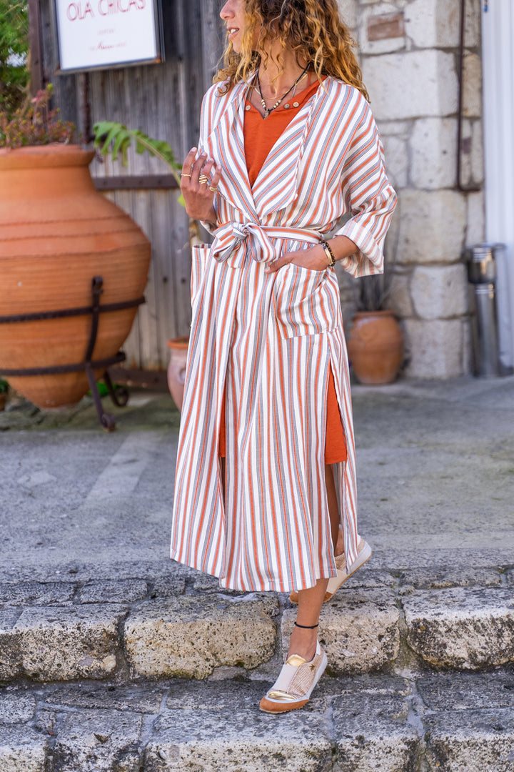 GNS Woman Tile Linen Shawl Collar Pocketed Striped Kimono Dress BST3373 - Mableton