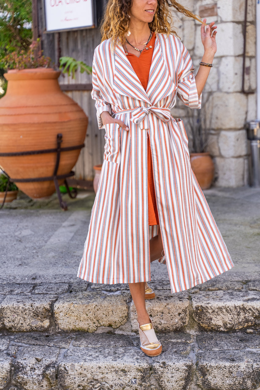 GNS Woman Tile Linen Shawl Collar Pocketed Striped Kimono Dress BST3373 - Mableton