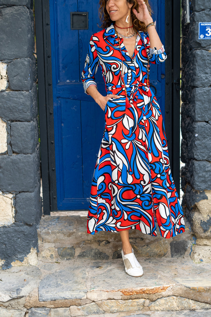 GNS Woman Red-White Patterned Belted Pocket Skirt Shirt Dress BST3224 - Milton Keynes